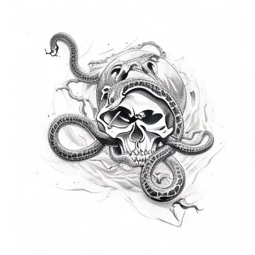 Tattoo Of A Decrepit Skull With A Snake Curling Its Way Through And Molting