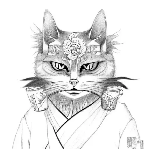 Japanese Cat With Kimono And Kitsune Mask