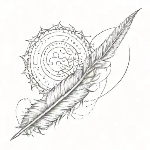 A Sketch-style Tattoo Of A Delicate Feather Transforming Into A Sun And Moon Design
