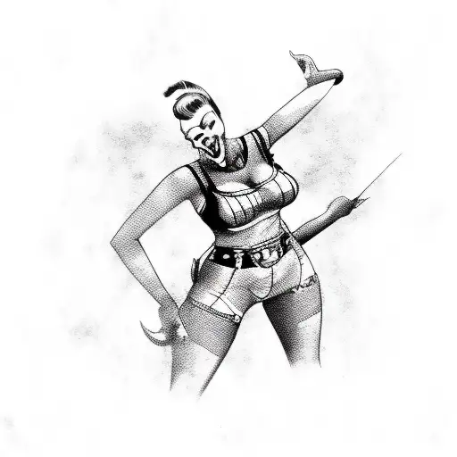 Pin Up Girl Full Body Who Love Metal Wearing A T-shirt And Doing The Rock Sign With Her Hand