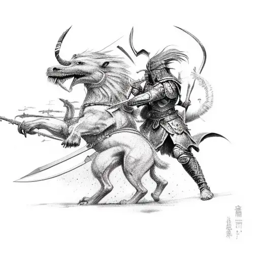 Warrior Battling With A Mythical Creature