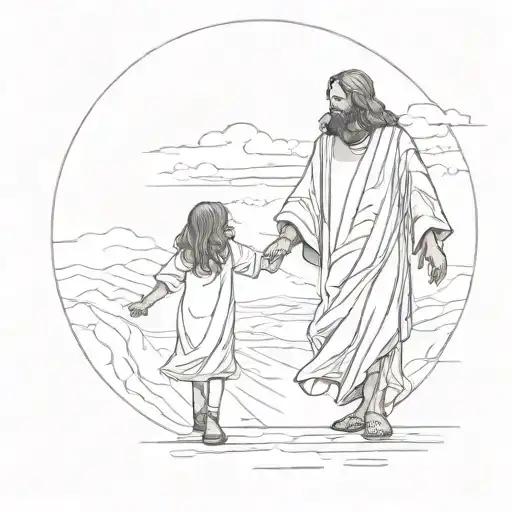 Jesus Holding Hands With Little Girl Walking Towards