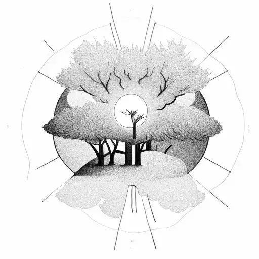 A Minimalist Representation Of A Peaceful Forest Scene With A Brain-shaped Sun