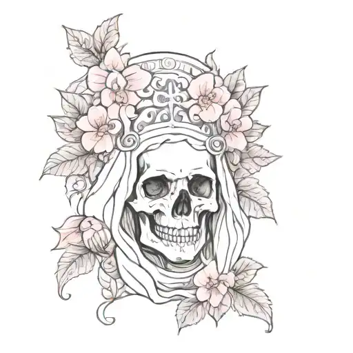 Skull And Pink Flowers With Ivy Wrappep Virgin Mary