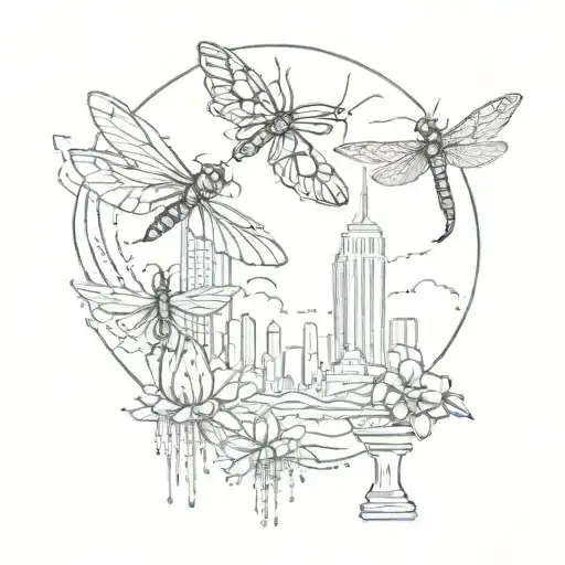 Butter Flys With New York Skyline And Arizona Cactus And Dragonflies