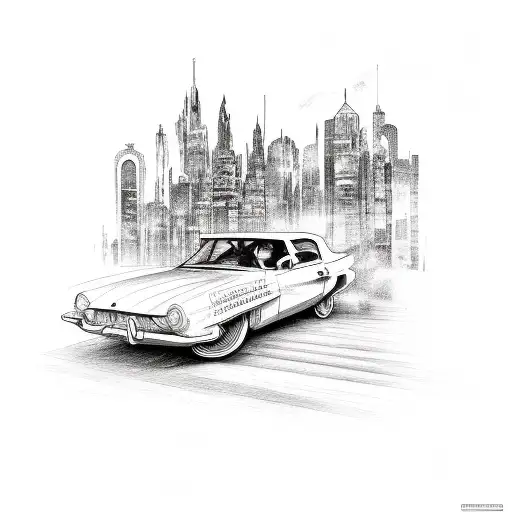 A Sketch-style Tattoo Of A Vintage Car Driving Through A Music-themed Cityscape