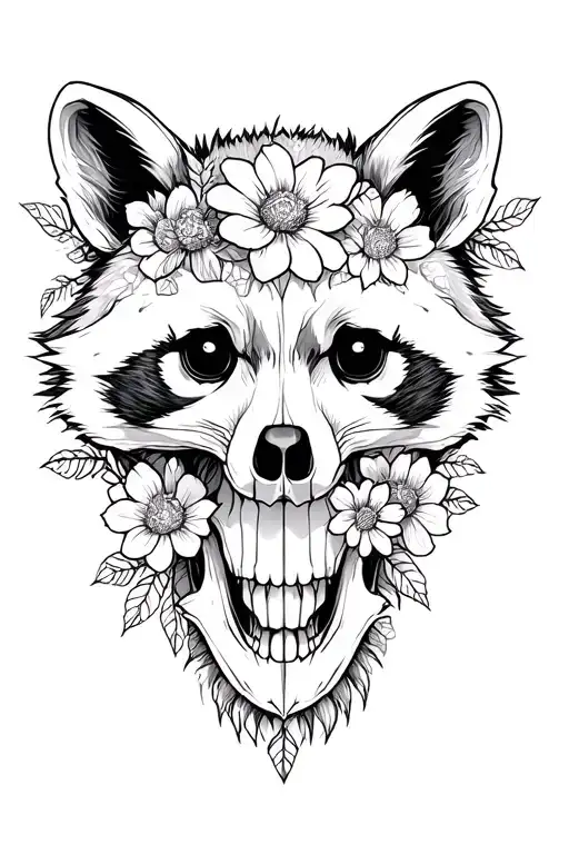 Raccoon Skull With Flowers