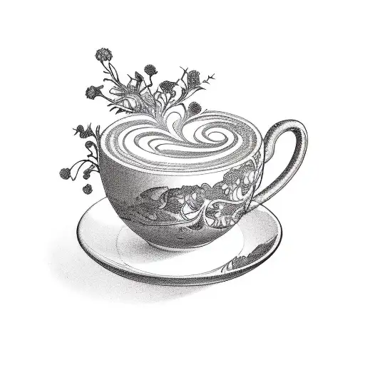A Coffee Cup Surrounded By Intricate Botanical Illustrations