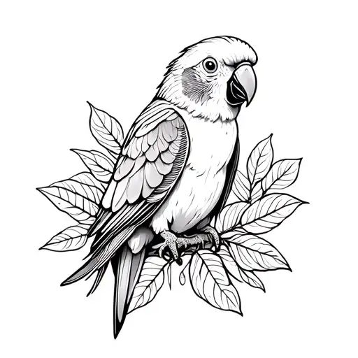 Fine Line Tattoo Black And White Conure With Leaves Surrounding