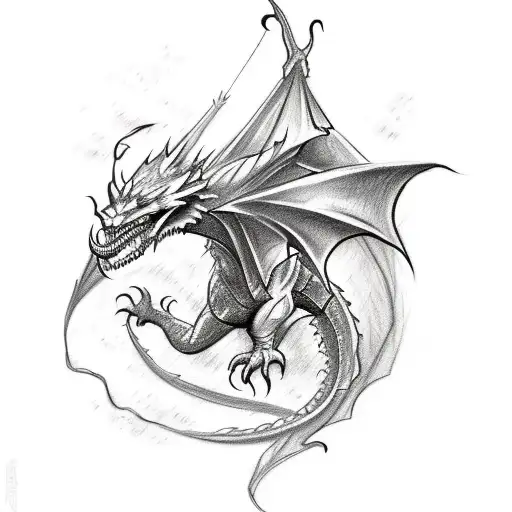 A Sketch-style Tattoo Of A Dragon From A Popular Video Game Flying Over Hogwarts