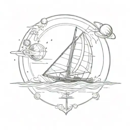 Small Sailboat On Planet Space And Spaceship In Background