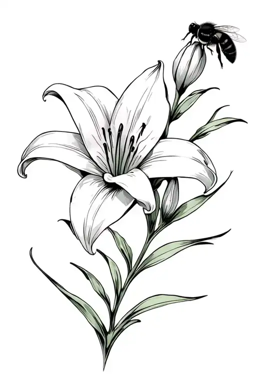 A White Lily Flower Single Stem With A Pollinating Bumblebee