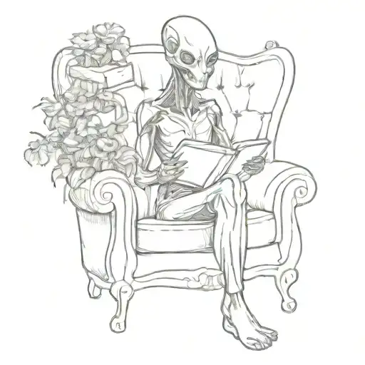 Alien Sitting On The Sofa Surrounded By Flowers And Books