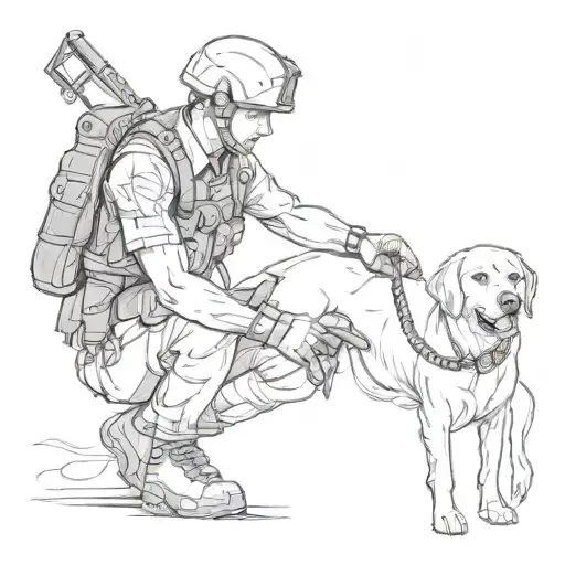 A Sketch Style Tattoo Of A Soldier Holding A Leash With A Dog By Their Side
