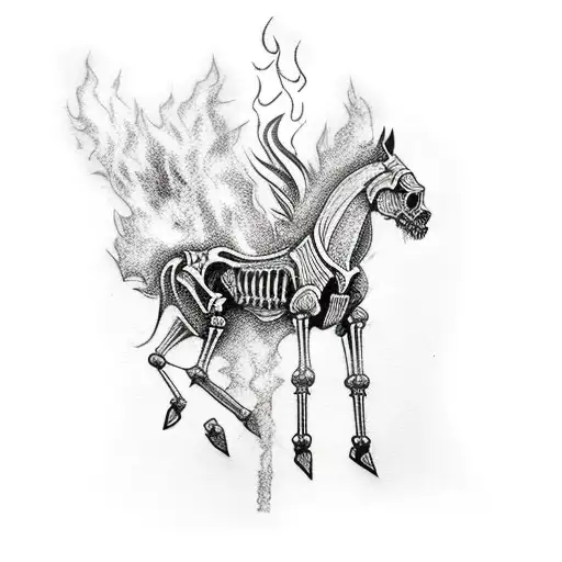 Tattoo Stencil Art Of A Skeletal Horse With Fire Coming Out Of Its Nose