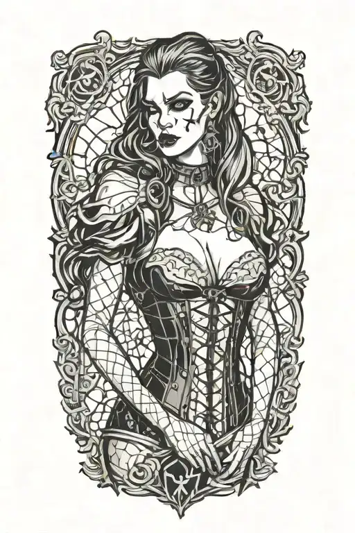 Male Vampire Bitting Neck Of Gothic Pinup Girl Wearing Corset And Fishnets