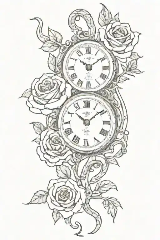 Hand Clock With Snake Vining Around With Rose Behind Drawing