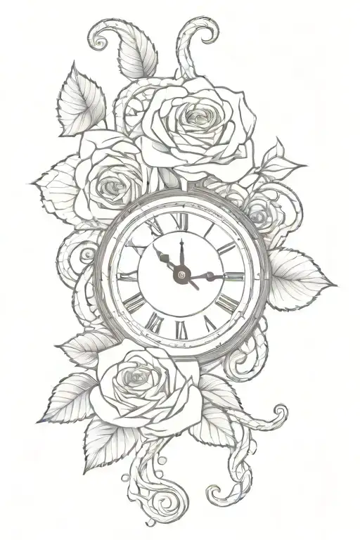 Hand Clock With Snake Vining Around With One Rose Behind Drawing