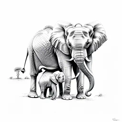 Elephant Family In Savana