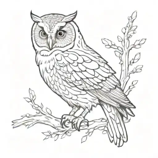 A Thin Half-sided Owl On A Branch In Black And White Silkscreen Style