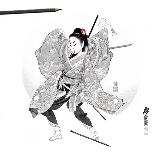 Geisha Katana With A Kimono Con Detalles En Lineas Rojas