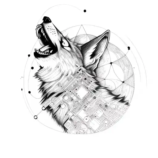 A Gothic Wolf Howling At The Moon Surrounded By Intricate Computer Circuitry