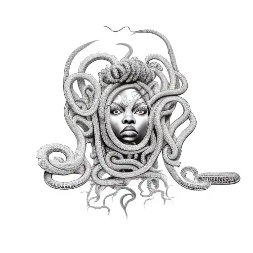African American Medusa With Intricate Dreadlocks And A Snake Wrapped Around Her