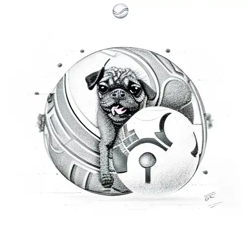 Gray Mini Poodle And Fawn Pug Fighting Over A Tennis Ball In A Yin Yang
