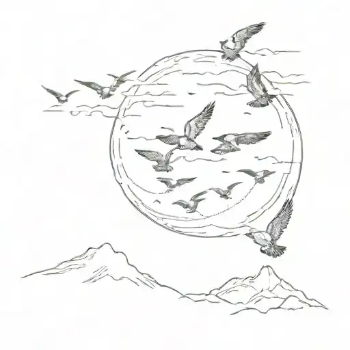 Landscape Of The Sunset With Birds Flying In The Air