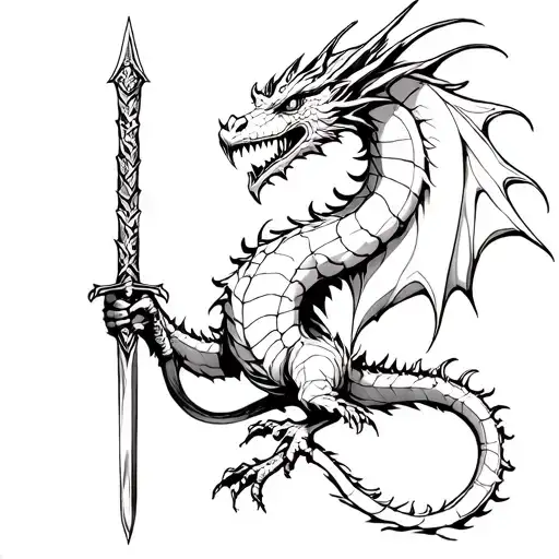 Black Dragon Holding A Medieval Sword