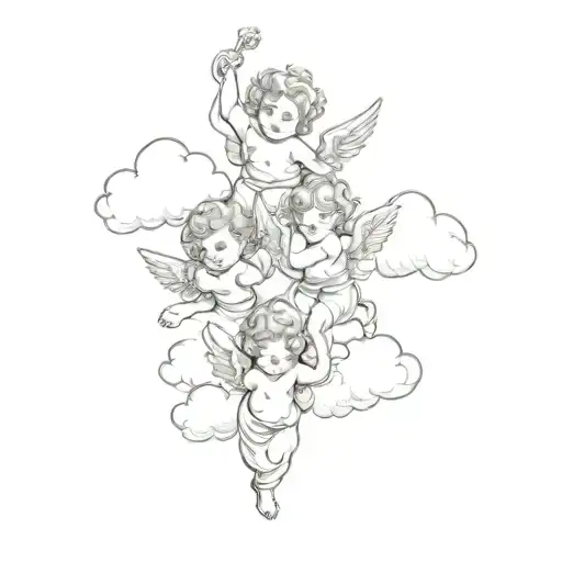 Four Cherub Playing In The Cloud Background