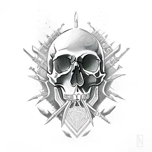A Skull Adorned With Intricate Weapon Designs