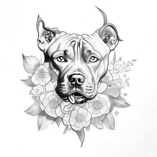 A Sketch-style Tattoo Showcasing A Pitbull Playfully Surrounded By A Bed Of Flowers