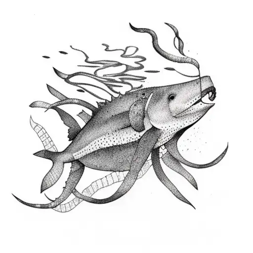 A Minimalist Tattoo Of A Diver Exploring An Underwater Forest Of Kelp