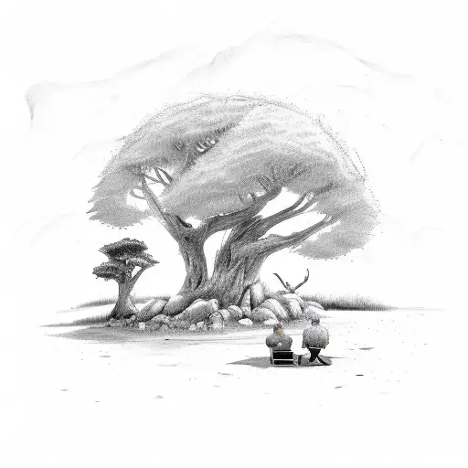 A Sketch-style Illustration Of A Father And Son Sitting Under A Majestic Tree In The Forest