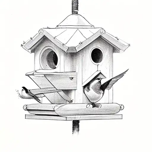 Purple Martins In Bird House With Black Framing Around It