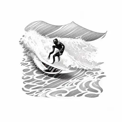 A Blackwork Tattoo Of A Surfer Riding A Wave With A Vw Bus Parked On The Beach In The Background