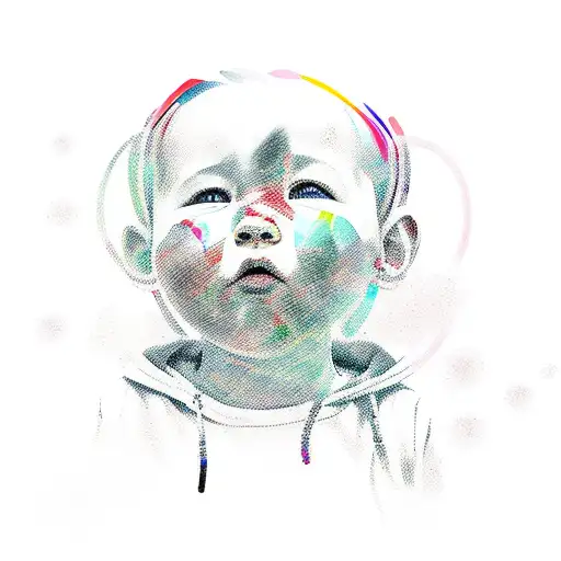 A Realistic Portrait Of The Client's Son Surrounded By Colorful Abstract Shapes