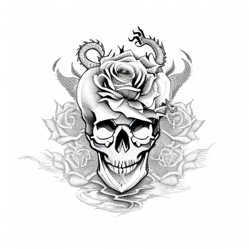 Skull With Dragon And Roses