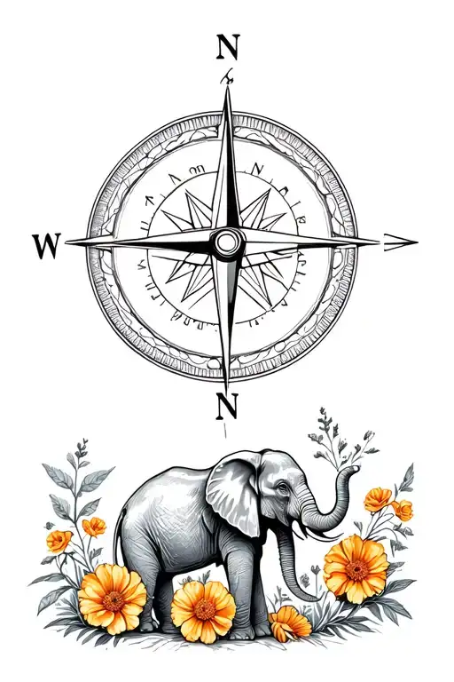 Elephant And Compass Surrounded By Marigolds Morning Glory's Cosmos
