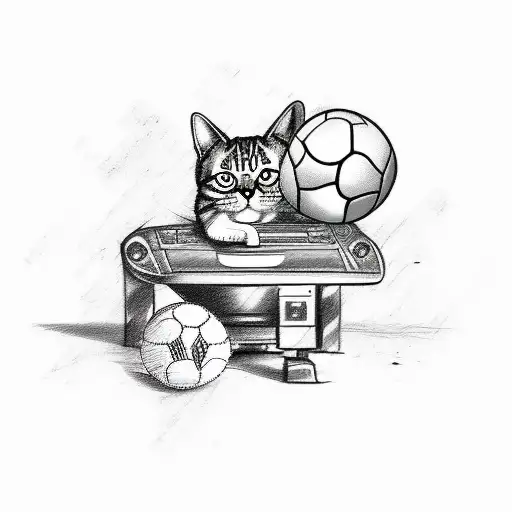 A Sketch-style Tattoo Of A Cat Playing Video Games With A Soccer Ball And A Basketball
