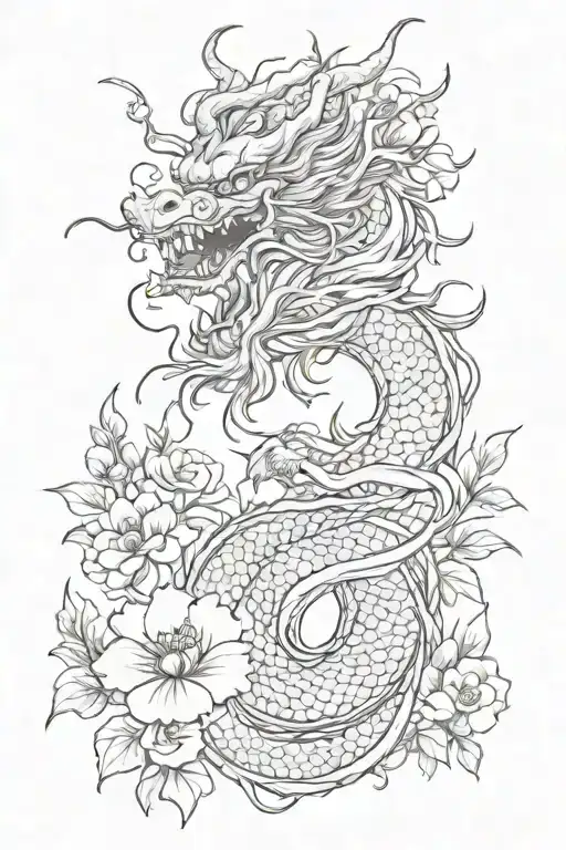 Chinese Dragon With Flowers