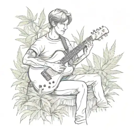 A Sketch Tattoo Of A Student Playing A Guitar In A Field Of Cannabis Plants
