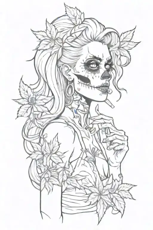 Pin Up Girl Skull Zombie Smoking Weed Leaf