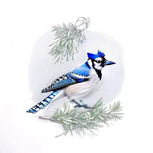 Semi Realistic Blue Jay In Slight Colour With A Simple Crown In A Small Rosemary Wreath