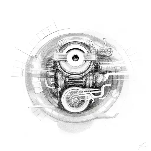 A Sketch Of A Car Engine Merging With A Vinyl Record