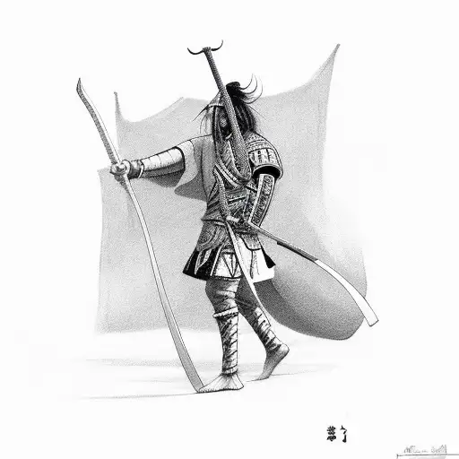 Side View Of Samuri Wearing Straw Jingasa And Holding A Samuri Sword