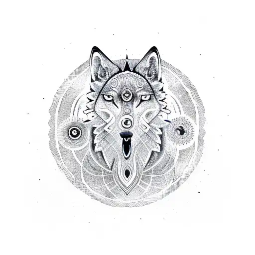 A Tribal Howling Wolf For The Shoulder Surrounded By A Circular Aura Of Tribal Designs