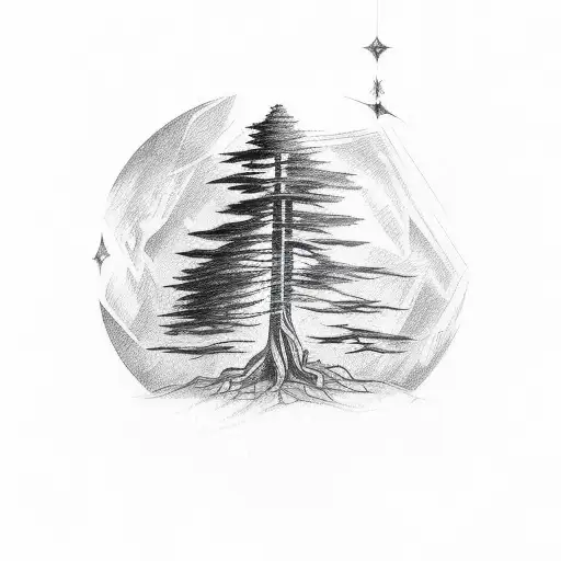 A Sketch-style Tattoo Of A Redwood Tree Reaching Towards The Stars