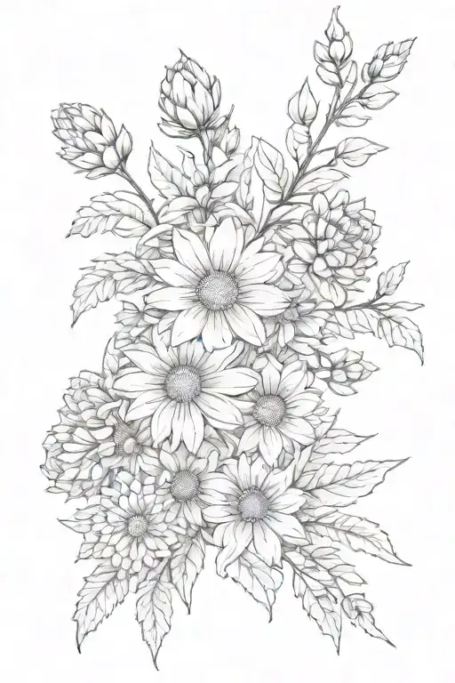 Chrysanthemum And Larkspur Intertwined Bouquet Line Tattoo Watercolour